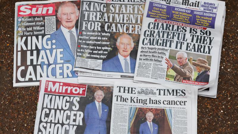خبر إصابة الملك تشارلز بالسرطان يسيطر على عناوين الصحف في بريطانيا - رويترز