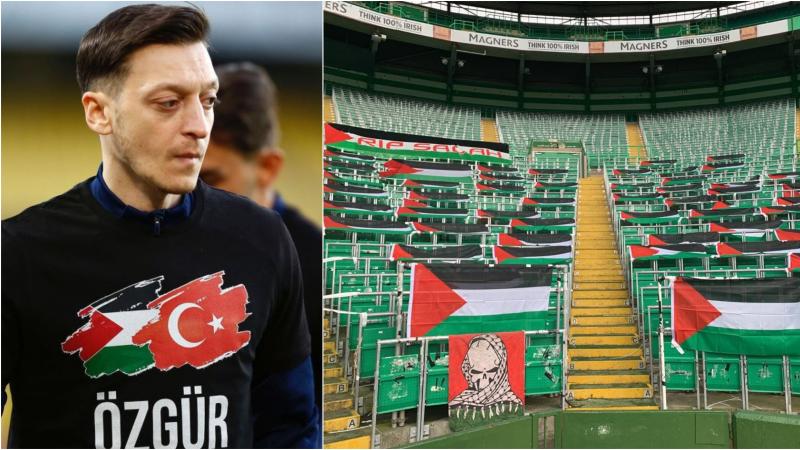 أوزيل يرتدي قميص "فلسطين حرة" ومدرجات ملاعب "السيلتيك" مزينة بالأعلام الفلسطينية (تويتر)