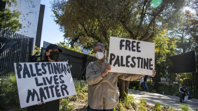 مواطنون في جنوب إفريقيا يحملون لافتات خلال مظاهرة احتجاجًا على الهجمات الإسرائيلية الأخيرة على الفلسطينيين (غيتي)