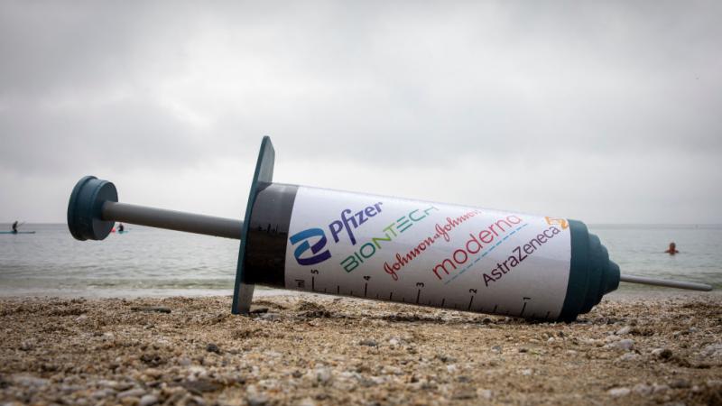 حقنة عملاقة على أحد شواطىء كورنوول البريطانية التي شهدت اجتماعات قمة الدول السبع قبل أيام (غيتي)