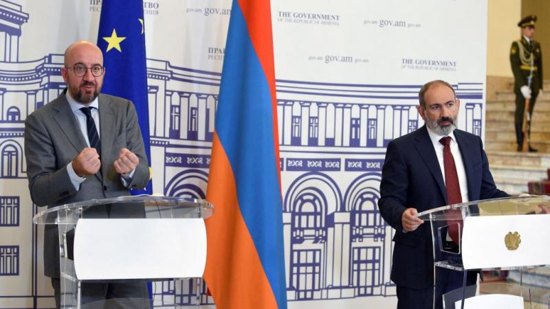 مؤتمر صحفي لرئيس المجلس الأوروبي شارل ميشال ورئيس الوزراء الأرميني نيكول باشينيان في بريفان