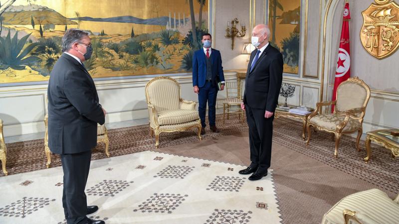 الرئيس التونسي لدى استقباله السفير الأميركي لدى بلاده لبحث مسألة جلسة الكونغرس (صفحة الرئاسة التونسية- فيسبوك)