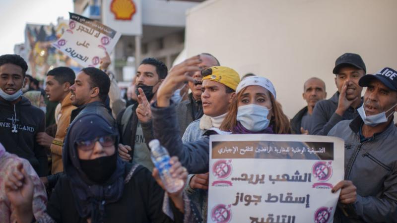 حمل المحتجون لافتات كتب عليها: "الشعب لا يريد جواز التلقيح"