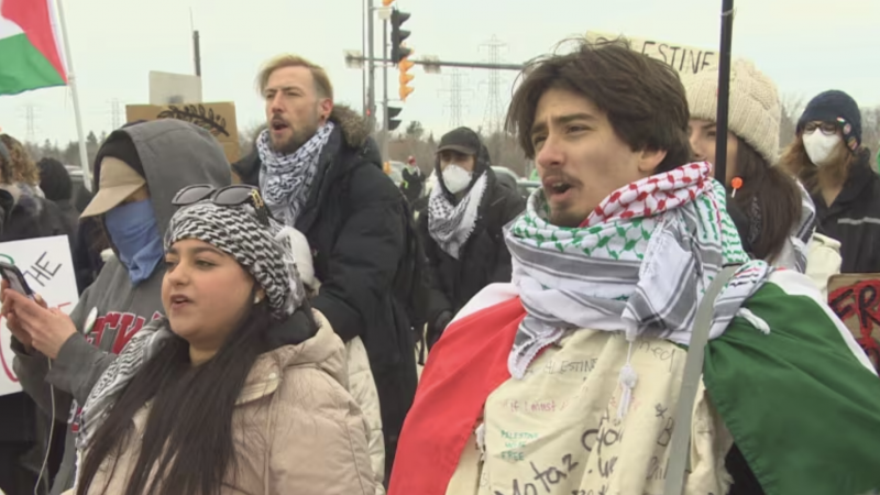 تجمّع مئات المتظاهرين المؤيّدين للفلسطينيّين أمام متحف الفنون الجميلة في أونتاريو