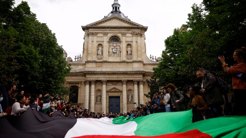 رفع المتظاهرون علمًا ضخمًا لفلسطين أمام جامعة السوربون